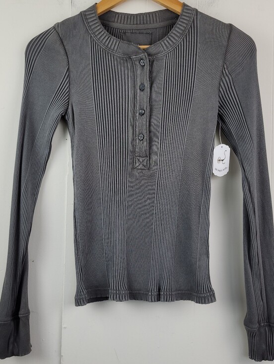 aerie Tops - Aerie Small Washed Charcoal Ribbed Henley Long Sleeve Top